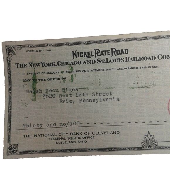 Canceled check  Nickel Plate Railroad to Walsh Neon Sign (Pennsylvania)  1949 - Picture 2 of 8